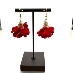 Vintage Red Velvet Flower Dangle Earrings Rhinestone Gold Tone Hooks